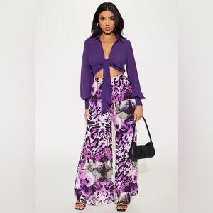 Purple Tie-Front Blouse and Floral Pants Set